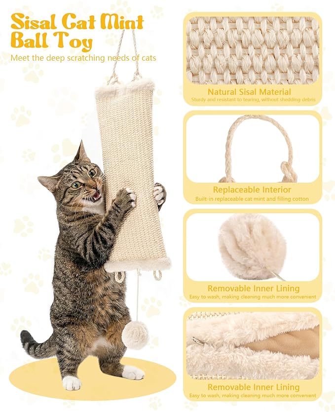 16.5 Inch Sisal Catnip Pillow Toy Kickers, Washable Sisal Cover, Interactive Cat Toys with Sisals Balls for Indoor Scratching, Chewing & Teething, Fun for Kittens and Adult Cats (Beige)
