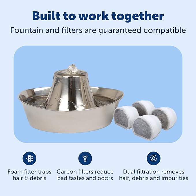 PetSafe Seaside Stainless Cat & Dog Fountain - Extra Water Filters & 1 Pump Included, Tower Creates Soothing Flow for Pets, Scratch-and Rust-Resistant Material Inhibits Pet Acne, 60 Oz Water Capacity