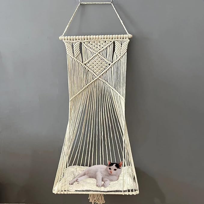 Macrame Hanging Cat Hammock Cat Swing Bed for Indoor Cats, Boho Cats Perch Bed for Sleeping, Playing, Climbing, and Lounging (Beige)
