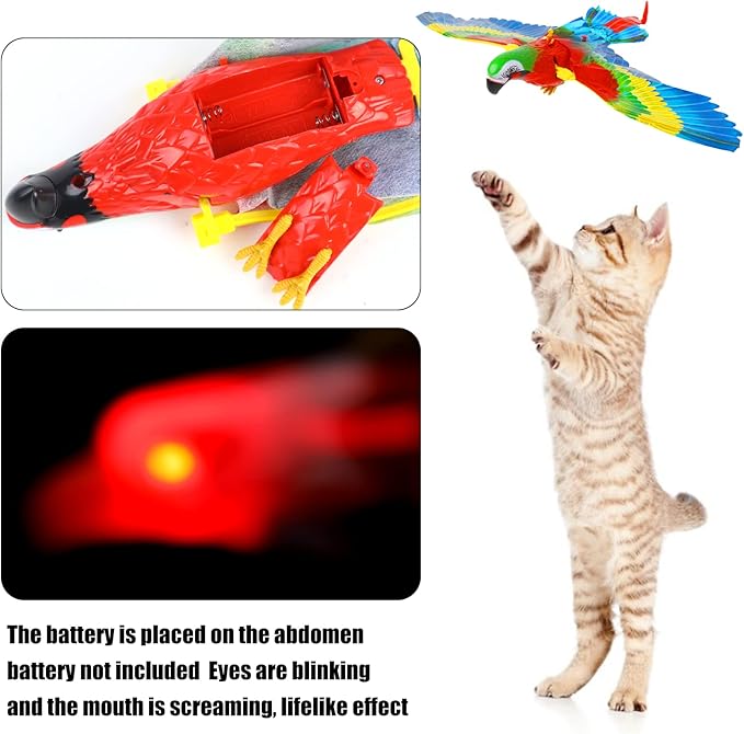 LOMIMOS Simulation Bird Cat Toy with Lights and Sound, Interactive Hanging Spinning Electric Toy Bird for Cats Indoor Ceiling Kitten Play Chase Exercise Eliminating Boredom(Parrot)
