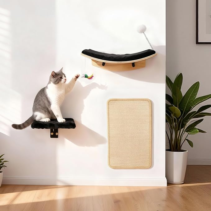 Cat Wall Shelves, 5 in 1 Cat Furniture Set with Soft Curved Pad，Modern Space-Saving Wall Mounted Shelves for Play & Rest