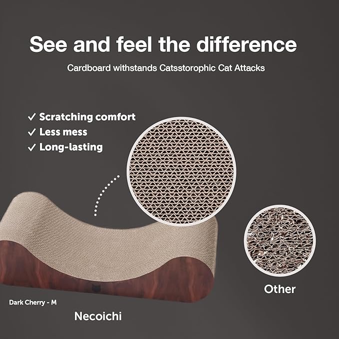 Necoichi Cardboard Cat Scratcher Bed for Indoor Cats - Cat Scratching Board, Horizontal Cat Scratch Pad Lounger with Reversible Usability and Extra Comfort for Lounge, Curved (Regular, Dark Cherry)