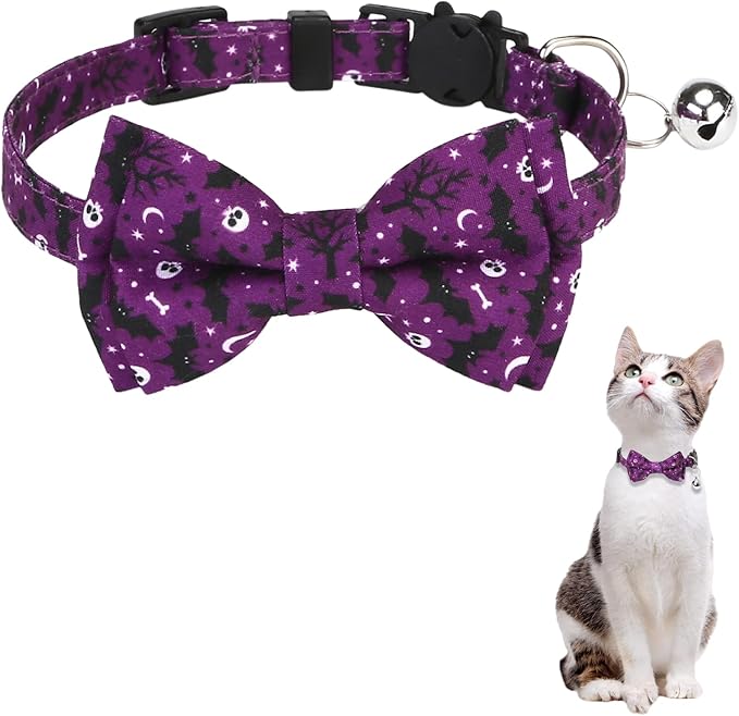 Halloween Cat Collar, Adjustable Kitten Halloween Collars with Bow Tie and Bell, Breakaway Kittens Collar for Girl Boy Cats Kittens (Purple)