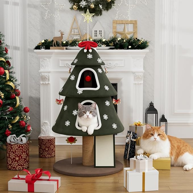 STILLCOVE 53" Large Christmas Cat Tree Tower: Indoor Green Heavy Duty Cat Condo House with Scratching Post & Toys for Xmas Decorations