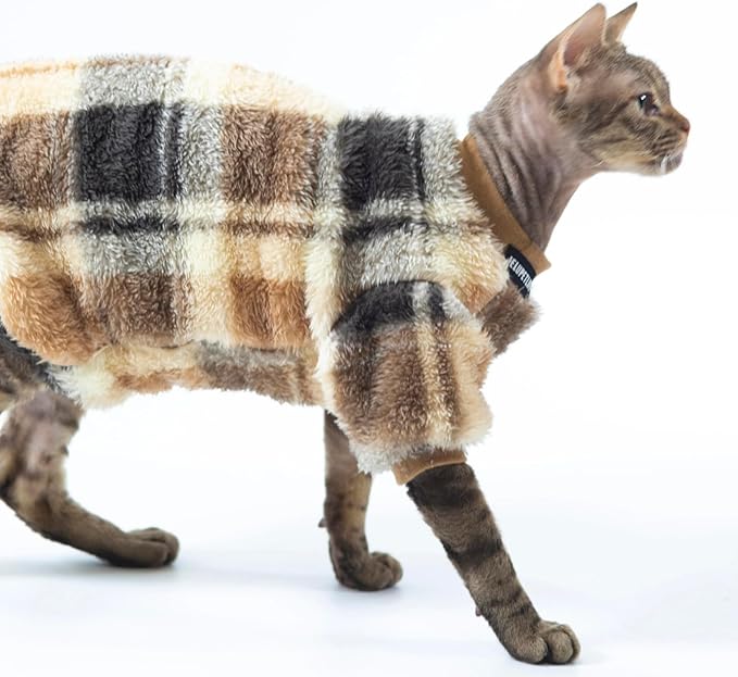 Cat Double-Sided Fleece Clothes, Soft Warm Winter Jumpsuit Sweater Shirt Clothing for Hairless Sphynx, Devon & All Indoor Kittens (Khaki,L)