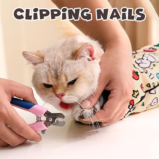 Cat Grooming Wrap, Self-Adherent Soft Cat Blanket to Wrap, Nail Clipping, Anti-Bite, Anti-Scratch, Anti-Escape Calming Wrap (Cute Prints, 0-3 lbs)