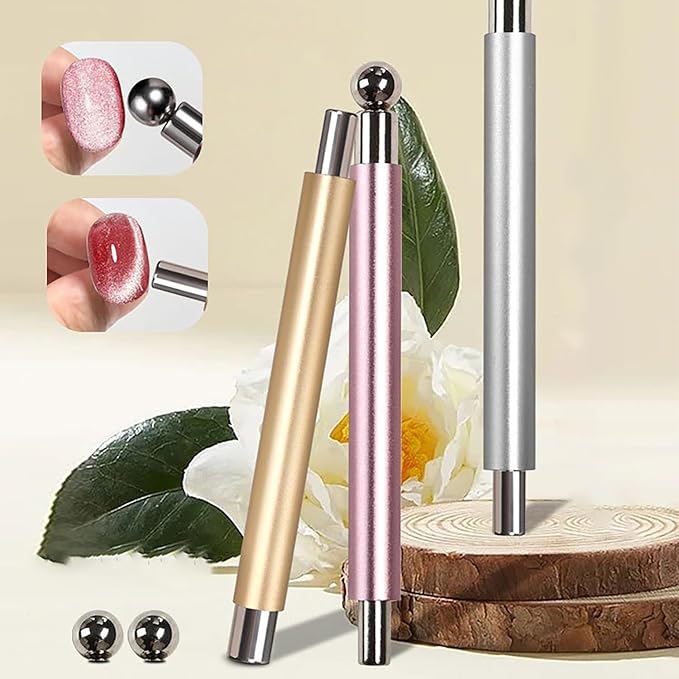Cat Eye Magnet for Nails, Double-head Magnet Wand with Round Nail Magnet Beads Nail Polish Magnet Pen Magnetic Cat Eye Gel Polish Nail Design Tool for Home DIY, Salon, Silver