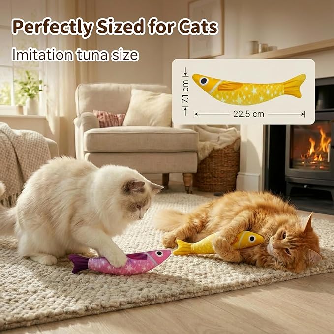 Cat Toys with 5000mg A+Natural Catnip & Bell, Interactive Soft Chew Kicker Cat Toys for Indoor Cats & Kittens, [Crinkle &Bell] Fish Sound Toy, 2 Pack Fish Cat Toys Yellow Purple