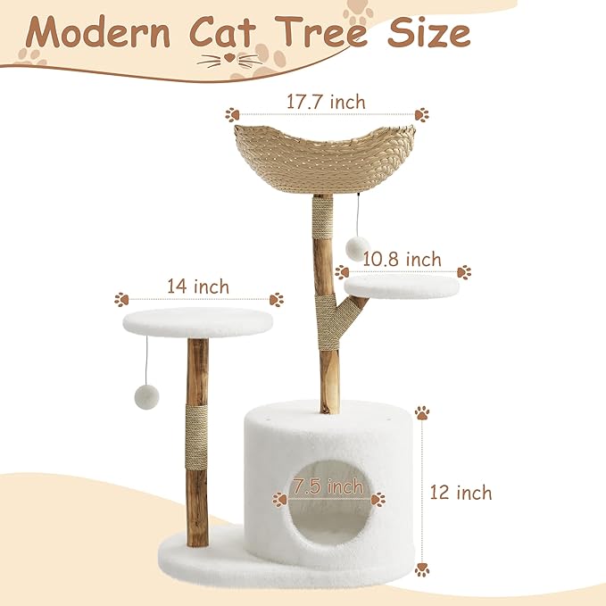 Modern Real Wood Cat Tree Tower, Multi-Level Cat Condo with Natural Wicker Basket, Scratching Posts & Dangling Balls, Tall Climbing Trees Pet Furniture with Platforms for Large Cats, One Branch