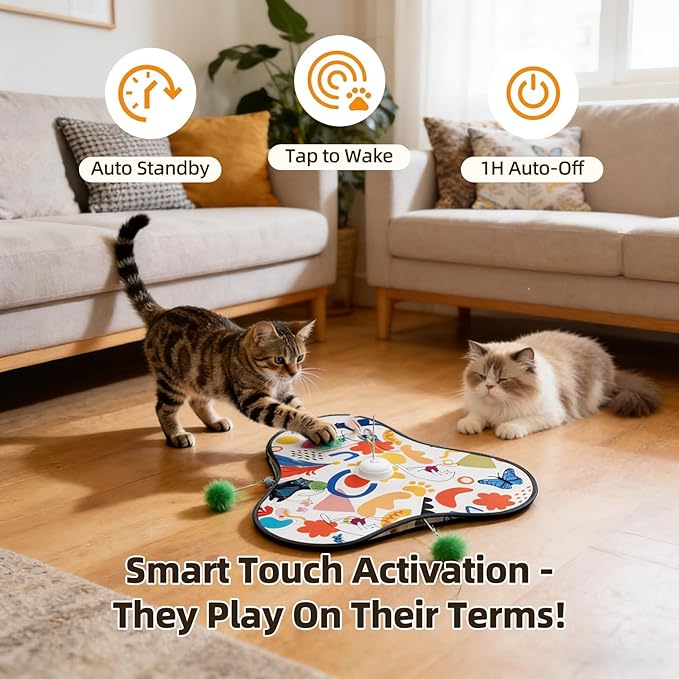 Interactive Cat Toys for Indoor Cats,3-in-1 Hide and Seek Cat Toy with Moving Concealed Wand Feather&Fluttering Butterfly,3 Prey Sounds，Auto Chargeable Play Mat for Bored Adult Cats&Kittens(White)