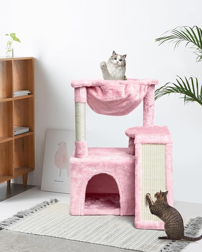 SYANDLVY Cat Tree for Indoor Cats Large Adults, Modern Activity Tower with Scratching Posts & Board, Condo with Plush Perch, Climbing Stand with Cradle & Hanging Ball for Play, Pink