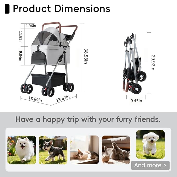 YYW Pet Stroller for Small Dogs & Cats, 3 in 1 Foldable Kittens Puppies Travel Strolling Cart with Removable Carrier, Cup Holder, Storage Basket & Lockable Wheels(Gray)