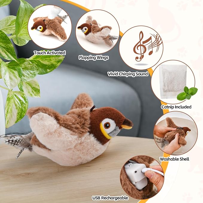 LIFLIX Flappy Bird Cat Toy for Indoor Cats, Simulated Chirping Flapping Wings Bird, Interactive Catnip Toys, Plush Kitten Exercise Toys (Brown Sparrow)