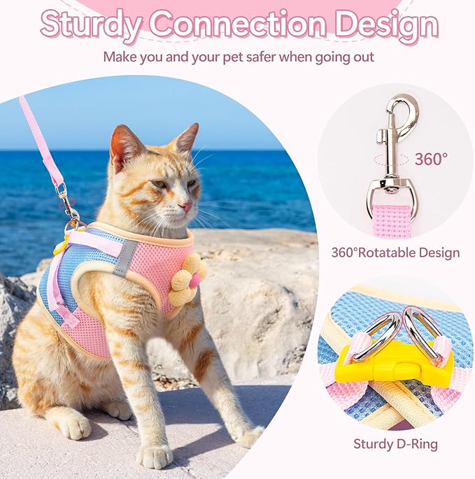 Cat Harness and Leash Set Escape Proof, Adjustable Cat Vest Harnesses Soft Kitten Harness Reflective Strips Jacket with Flower, Breathable Mesh Harnesses for Cats Puppy Easy to Wear Outdoor Walking