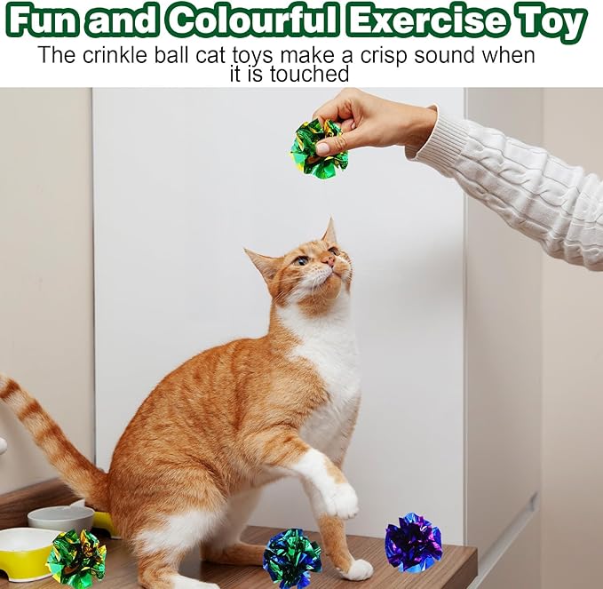 100 Pcs PVC Crinkle Balls Cat Toys 2.36" Interactive Crinkle Ball, Colorful Balls Chew Toy for Cat Chase Ball Toys Attract Cats for Indoor Cats and Kittens to Keep Fit and Active(Colors Random)