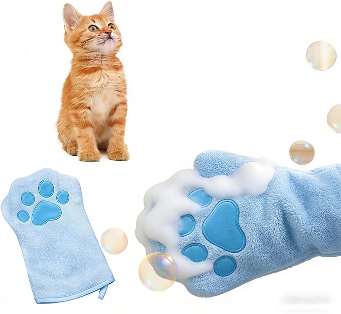 Paw Bathing Towel for Cats Puppy, Machine-Washable Reusable Pet Grooming Towel - Soft, Absorbent Quick-Dry Bath Mitt for Dirt Odor Removal, Daily Care & Travel -Blue