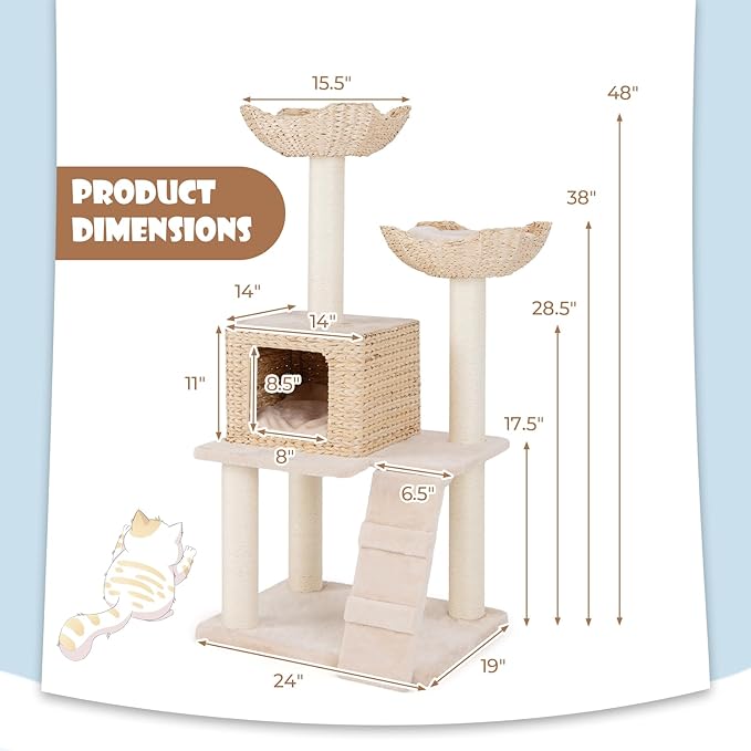 Tangkula Modern Cat Tree, 48 Inch Multi-Level Cat Tower with Sisal Scratching Posts, Cattail Fluff Condo & 2 Perches and Climbing Ladder, Aesthetic Cat Tree with Washable Cushions for Indoor Cats