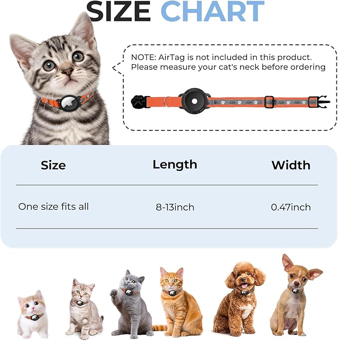 Breakaway AirTag Cat Collar, Reflective Cat Tracker Collar with Air Tag Holder and Bell, Safety Elastic Band Cat GPS Collars for Girl Boy Cats, Kittens and Puppies (Orange, 8-13'')