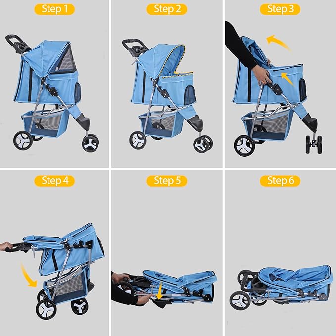 JungleA Foldable Pet Stroller for Cats Dogs,3 Wheel Jogger Stroller for Small to Medium Pets,Lightweight & Portable & Durable PetStroller with Weather Cover, Storage Basket and Cup Holder,Blue