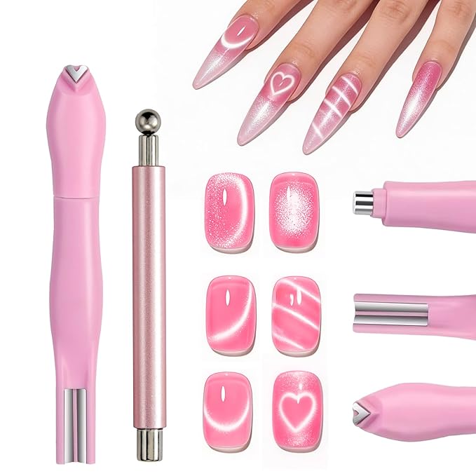 WOKOTO 2 PC Nail Magnets For Nail Art Designs Tools For Nails, 3 In 1 Cat Eye Magnets And Dual End Cylinder & Ball Magnet Pen For Cat Eye Magnetic Nails, Heart, Circle Designs Nail Polish Magnet Set