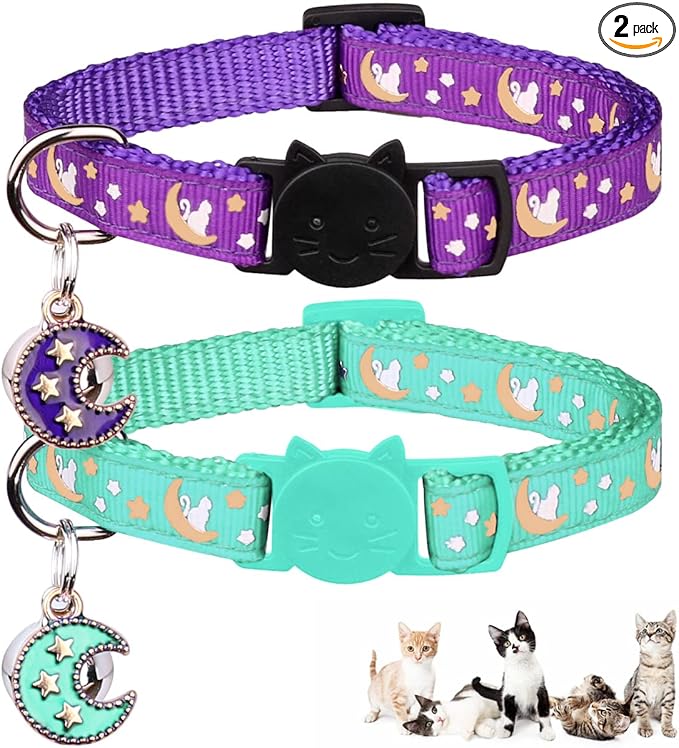 Baeuppit 2Pcs Breakaway Cats Collars Cat Collars for Boy & Girl Cats Adjustable Kitten Collars with Bell,Purple+Teal,8"-13.1"
