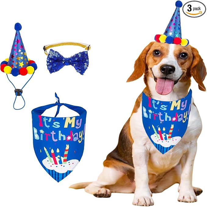 Pet Birthday Party Set,Dogs Bandana and Dog Birthday Hat with Star Pattern Design, Adjustable Sequin Bow tie Accessories, Blue Birthday Boy Scarf (Dark Blue)