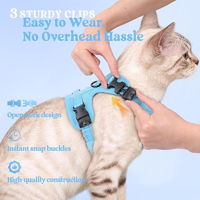 rabbitgoo Cat Harness and Leash, Escape Proof Vest with 3 Adjustable Buckles, Soft Comfortable Kitten Harness, Easy to Wear, Reflective for Safe Outdoor Walking, Medium, Sky Blue