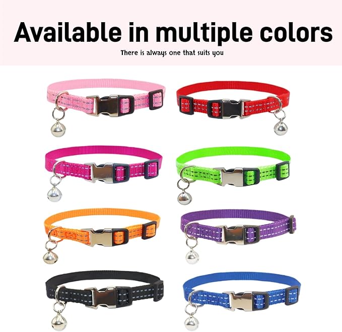 THAIN Cat Collars Reflective, 8 Colors Soft Adjustable Safety Kitten Collars with Bell, Lightweight Woven Polyester for Cats (No Breakaway)