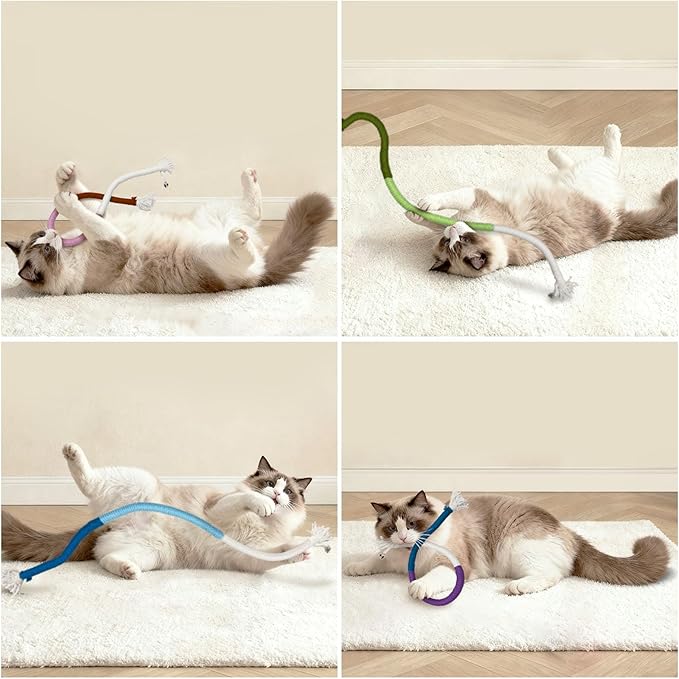 4 Pack Interactive Cat Chew Rope Toys - Durable Hand-Woven Cotton Teaser Sticks with Jingle Bells - Safe Teeth Cleaning & Teething Toys for Indoor Cats, Kittens, and Aggressive Chewers