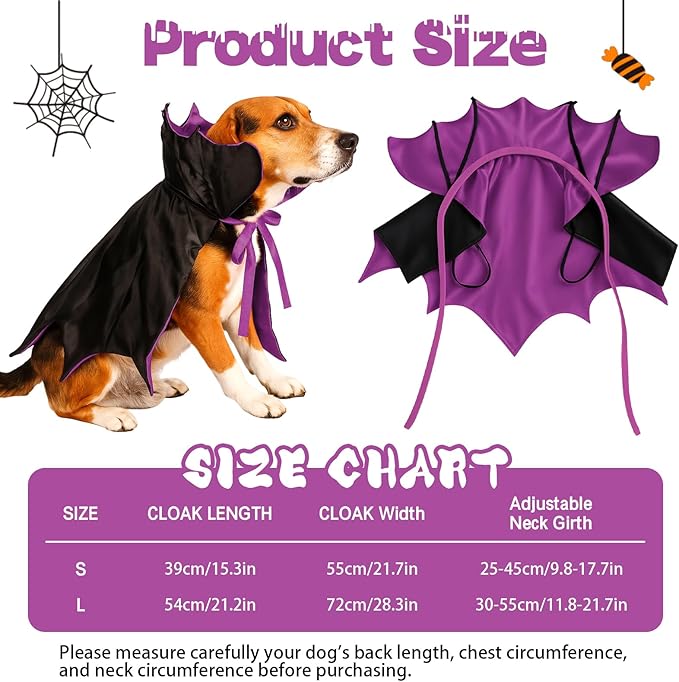 Dog Halloween Costume, Pet Cape for Small Puppy Dogs Cat Funny Red & Black Halloween Costumes with Neck Armor Adjustable Strap Idea for Vampire Party Cosplay (Purple Bat, L)