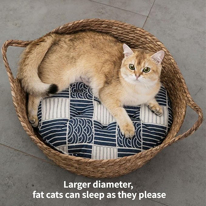 Cat Bed, Straw Woven Cat Baskets Bed, Round Wicker Cat Basket Nest, Non-Slip Cozy Kitten Bed for Cats Small Dog (Only Nest,Small)