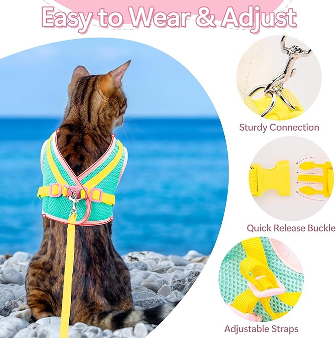Cat Harness and Leash Set Escape Proof, Adjustable Cat Vest Harnesses Soft Kitten Harness Reflective Strips Jacket with Flower, Breathable Mesh Harnesses for Cats Puppy Easy to Wear Outdoor Walking
