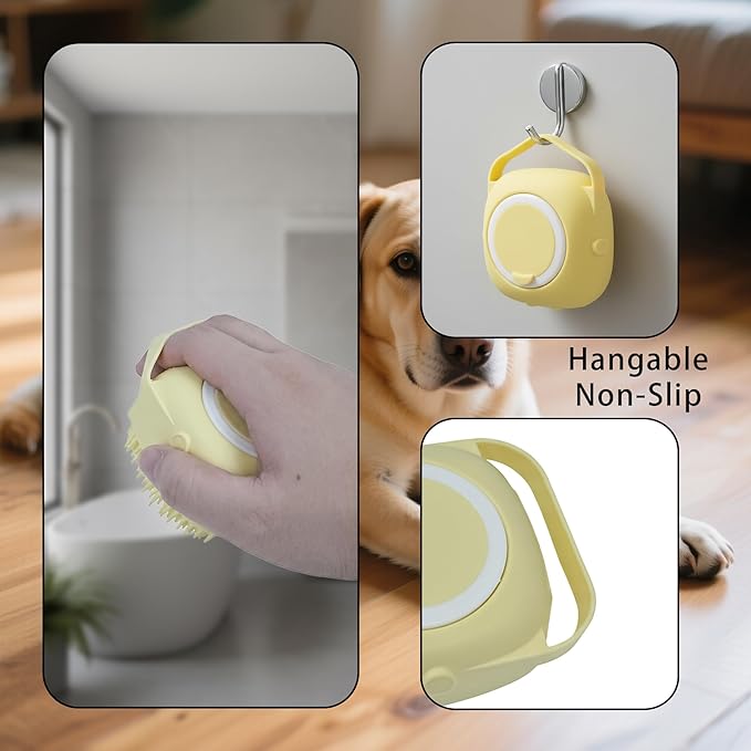 Pet Bath Massage Brush,Pet Bath Brush with Shampoo Dispenser,with Dog Grooming Comb,Suitable for Long and Short haired Dogs and Cats(Yellow)