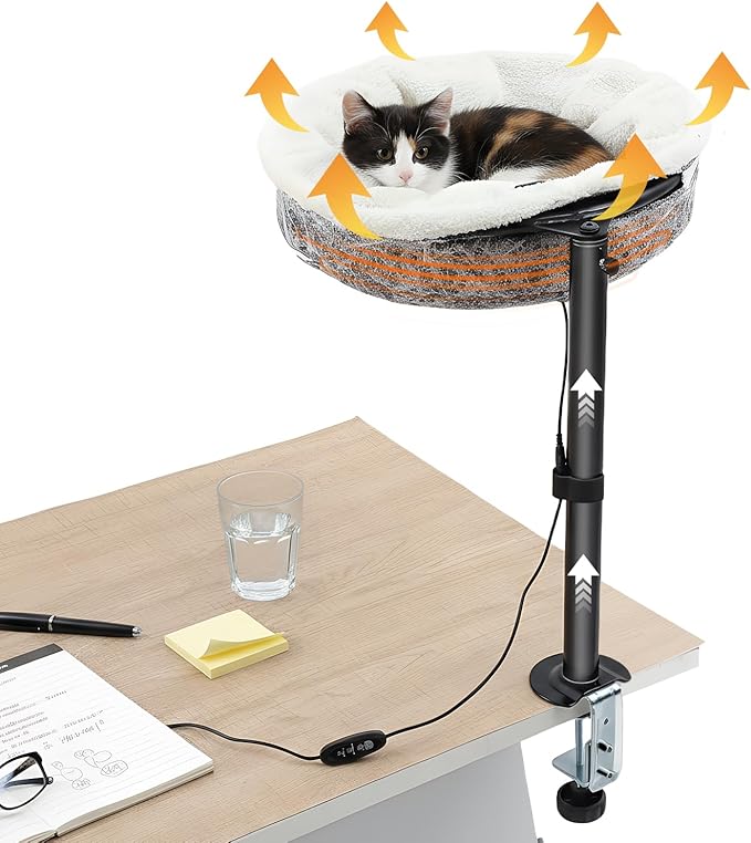 AceOrbit Cat Desk Bed with Removable Heating Pad, Space-Saving Cat Perch for Office & Gaming Desks, 40lbs Capacity, 4-Season Cats Bed for Indoor