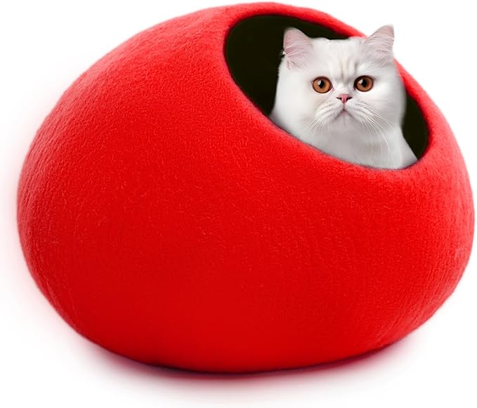 Woolygon Premium Felt Cat Cave Bed – Wool Kitty Beds Handcrafted Kitten Caves Bed for Indoor Cats - Made from Merino Wool, Foldable Cat Hideaway Covered Cat House Pod (Red Plain)