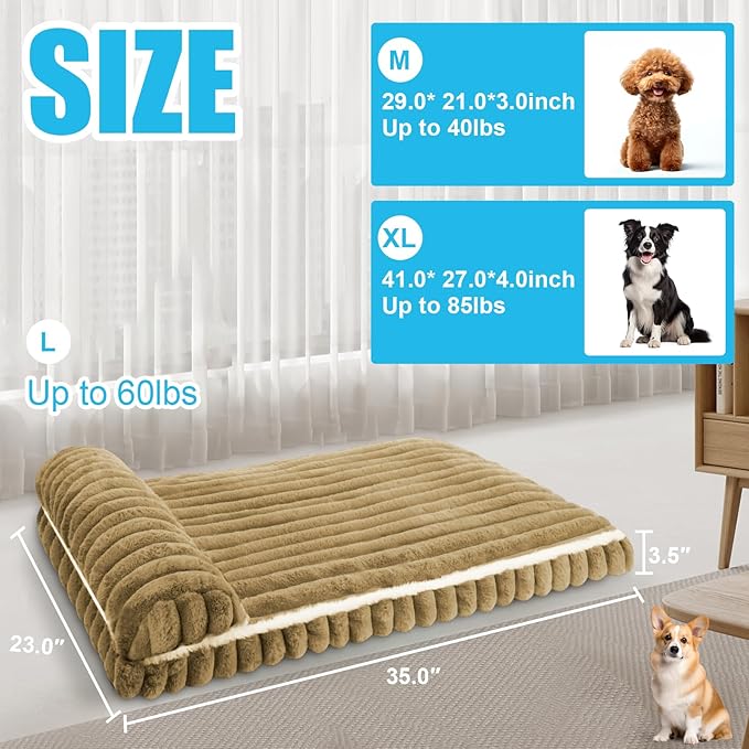 Comfort Dog Beds for Large Dogs,Dog Bed with Removable Washable Cover, Deluxe Plush Dogs Beds for Crate with Pillow, Anti-Slip Pet Mat Mattress for Kennel with Durable Zipper(Brown,L)