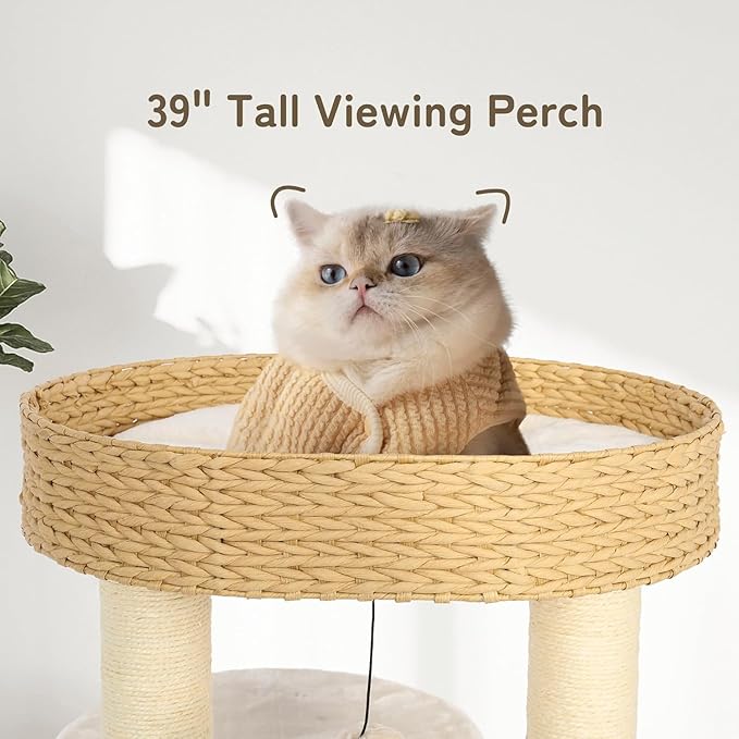 KAMABOKO 39 Inch Modern Cat Tree for Indoor Cats, Solid Wood Cat Tower with Natural Sisal Scratching Posts, Hand-Woven Cat Condo & Top Perch