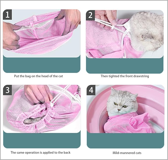 Anti-Scratch Silicone Cat Shoes, Adjustable Multifunctional Anti-Bite Shower Net Bag, Cat Grooming Mesh Bag, Pet Medical Shoes (Pink)
