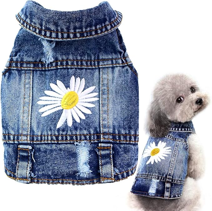Dog Denim Jacket with Embroidered Daisy, Ripped Vintage Jean Vest for Small Dogs, Pugs, Chihuahuas, Spring Summer Fall Festival Outfit, XXL (Fits Chest 19-20.5", NOT for Large Dogs)