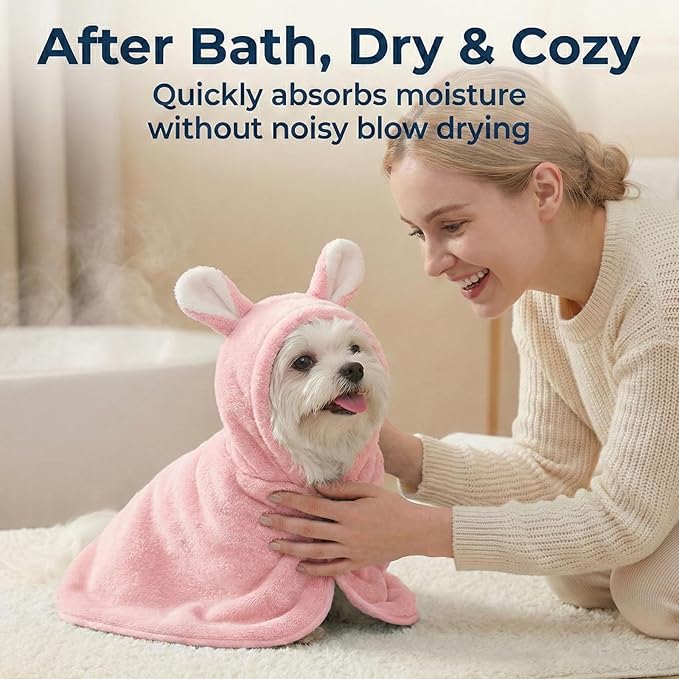 Dog Bathrobe Super Absorbent Towel for Small Dogs Cats Fast Drying Dog Robe Coat with Hood Puppy Cat Bath Towel Wrap Pet Grooming Supplies After Shower (Pink,XS)