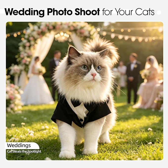 QBLEEV Cat Tuxedo Outfit, Formal Cat Suit Costume with Bow Tie, Sphynx Hairless Clothes for Cats Only, Kitten Wedding Birthday Party Attire Apparel for Male Boy, Cute Small Pet Gentleman Formal Wear