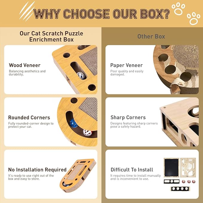 OHMU Cat Scratch Puzzle Enrichment Box, Cat Nail File Enrichment Box, Wooden Cat Puzzle Toy with Jingle Balls, Wands, Cleaning Brush for Indoor Cats