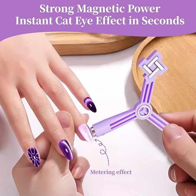 4 in 1 Nail Magnet, Cat Eye Gel Nail Polish Magnet for Nails, Compact Magnetic Nail Tool for French, Star & Cat Eye Designs, Strong Magnet Easy to Control for DIY Home & Nail Salon (HJ-NAT295-Purple)