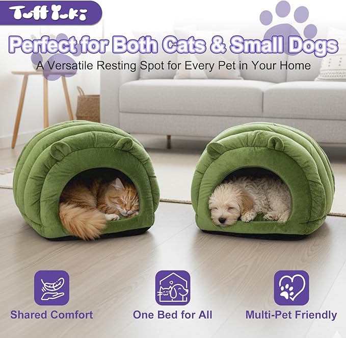 Cat Cave Bed, Orthopedic Memory Foam Anti Anxiety Cat Bed for Indoor Cats, Cozy Plush Caterpillar Tunnel Cat Bed, Non Slip Pet Bed Fits Cats Up to 15 lbs, Green