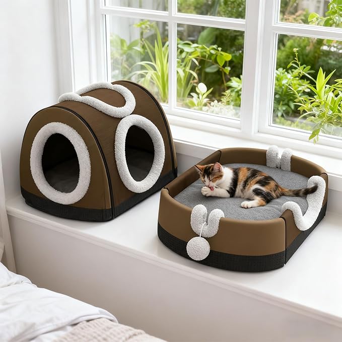 Enclosed House & Open Bed for Indoor Cats,Constant Modifiable Puss Bed with Removable Top Winter Season Double Manner Plan Revertible Pillow,Multi-Functional Pet Furniture with Scratch Pad