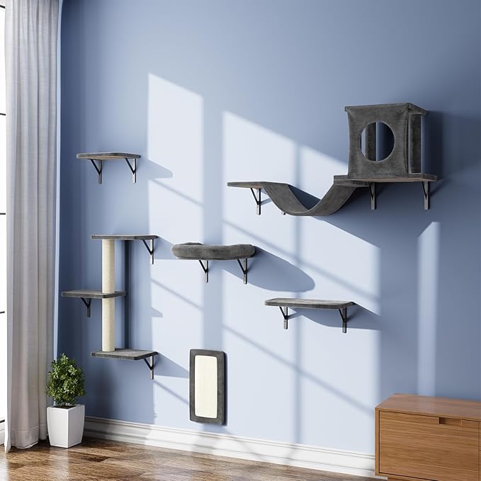 NUNU LAB Wall Mounted Cat Climber Set, 6 Pcs Cat Furniture Set with House, Bridge, Steps, Scratcher Board and Hammock, Shelves for Indoor, Luxury Walls Furniture, Dark Grey