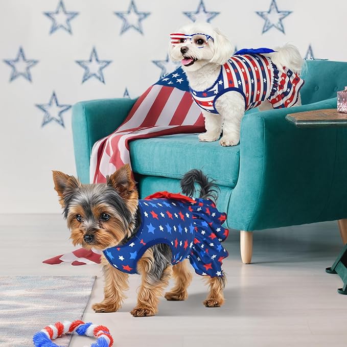 2-Pack 4th of July Dog Dress Independence Day Puppy Cat Dresses USA Flag Pet Clothes Costume Dog Stripes Stars Outfits Skirts for Small Medium Dogs S