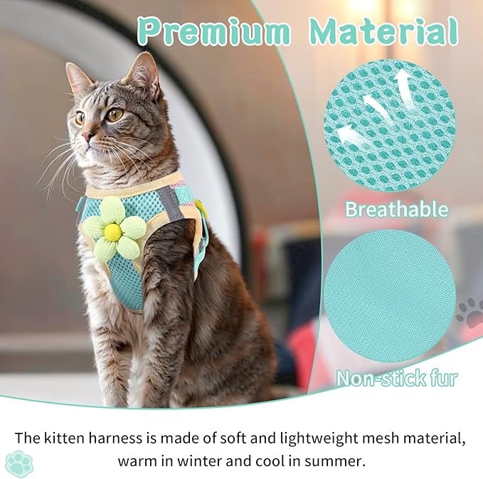 Cat Harness and Leash Set for Walking Escape Proof, Adjustable Kitten Harness Breathable Mesh with Reflective Strips Harness with Flower for Kitty Puppy Bunny Green S