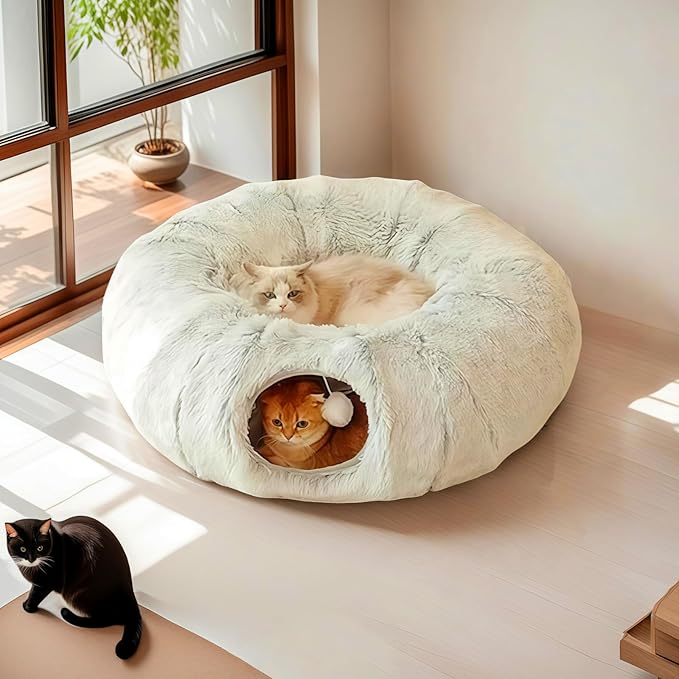 Cat Bed, cat Tunnel, Foldable Machine Washable Plush cat Bed, Grey (33.46 inches), with Hanging Toys, Suitable for Multiple