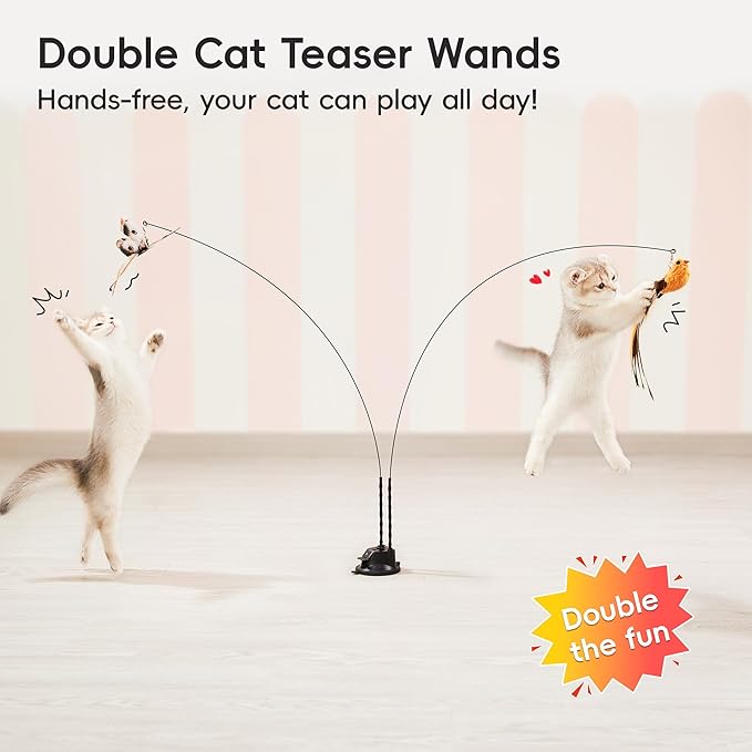 Potaroma Suction Cup Cat Wand Toys, Dual-Wand Interactive Kitten Toy for Indoor Cats with 5 Pcs Feathers Balls Attachments, Charcoal Base